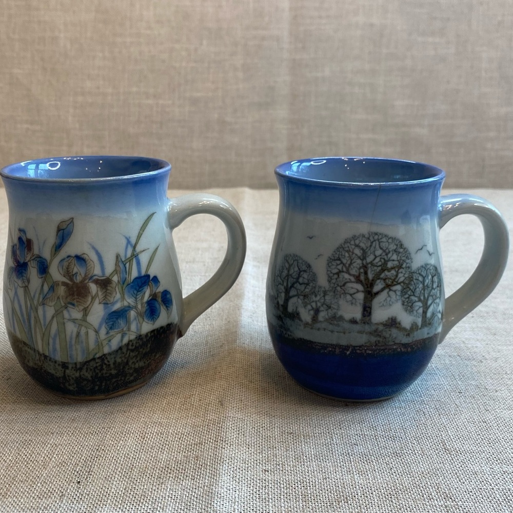 2 rustic farmhouse stoneware coffee mugs with high glaze.